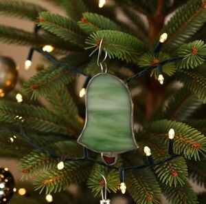 5" Antique Handmade Green Stained Glass Bell Silver Framed Ornament Suncatcher